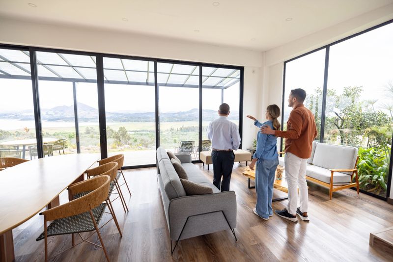 Rear view of a couple looking at a house for sale with a real estate agent and pointing at the view