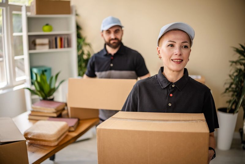 Moving professionals carrying packages during residential relocation
