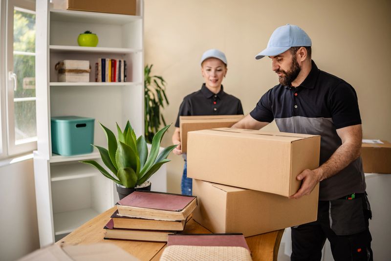 Professional movers picking up cardboard boxes during relocation process
