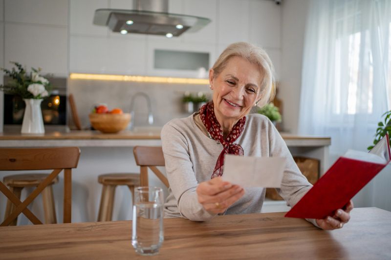 Senior woman sitting in a cozy kitchen, smiling while reading a book and holding a photograph, surrounded by a warm atmosphere of a wooden table and modern decor