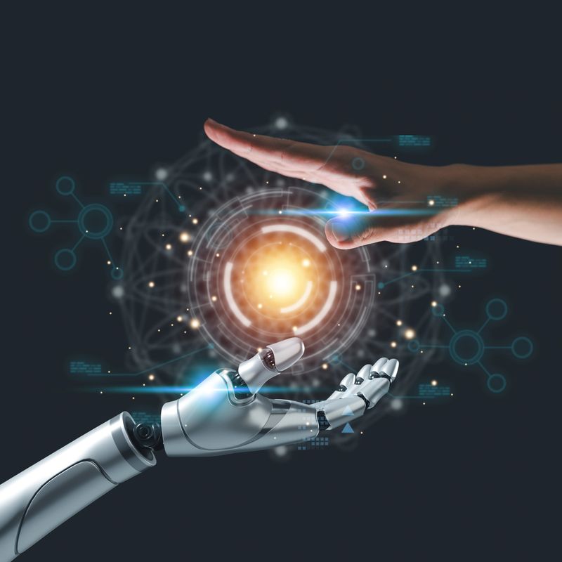 Chat with AI or artificial intelligence technology. Businessman hand connect to intelligent AI using chat bot or innovative technology developed by modern organizations.