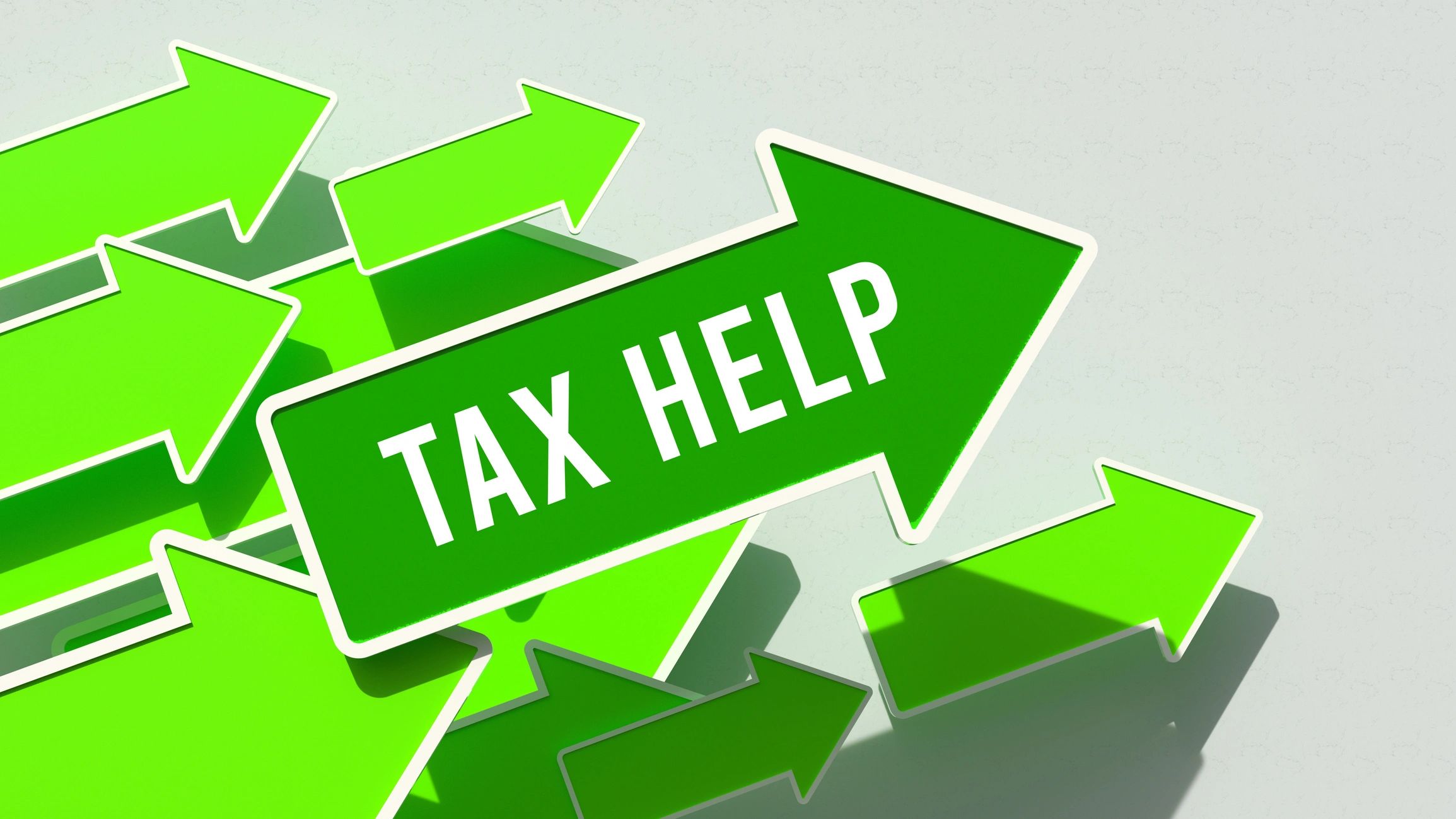 Green arrows with one labeled 'TAX HELP' pointing right.