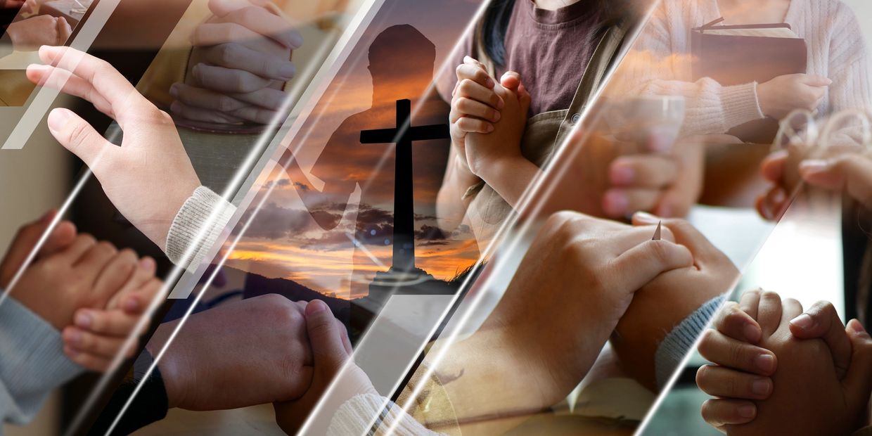 Collage of hands praying and a cross silhouette at sunset.