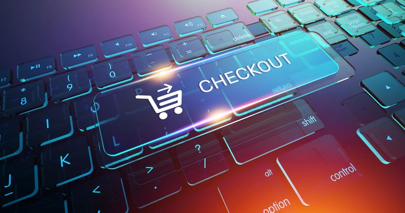 A futuristic 3D illustration showing a glowing CHECKOUT Button