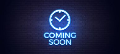 Blue neon sign on brick wall says "Coming Soon" with clock icon.