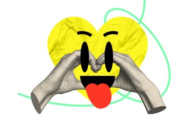Hands forming a heart with a playful emoji face.