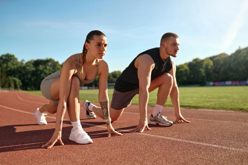 Fit man and woman in starting position on running track, focused and prepared to sprint. Concept of athletic performance, race preparation, and determination.