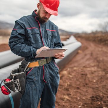 Construction worker in safety gear inspecting pipeline with tablet.