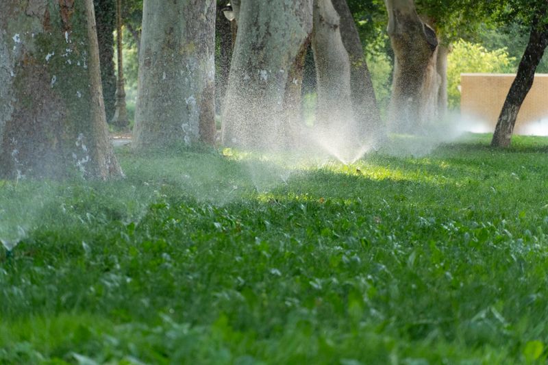 Automatic sprinklers irrigate a lush green lawn in a park, with water mist and towering trees in the background, illustrating summer freshness and urban green space care