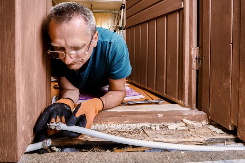 Plumbing specialist connects split multilayer tubing using compression coupling to restore damaged water pipeline after winter freeze incident.
