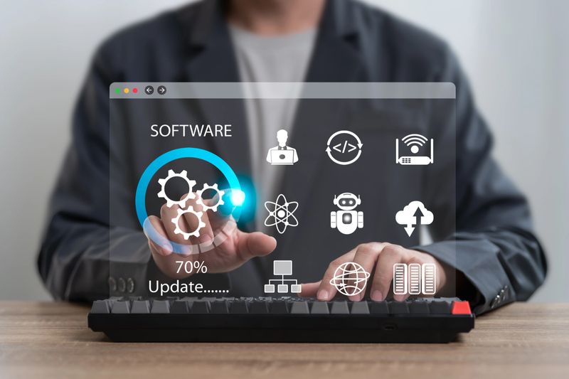 System upgrade and software update process concept, Businessman show  loading bar while updating the software program, Upgrade business technology and AI application Latest version update for security