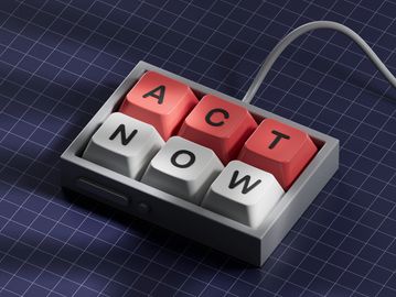 A small keypad with keys spelling 'ACT NOW' in red and white on a grid surface.