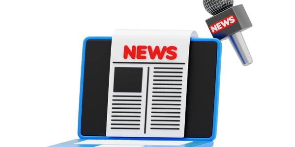 A laptop with a news article and a microphone labeled NEWS.