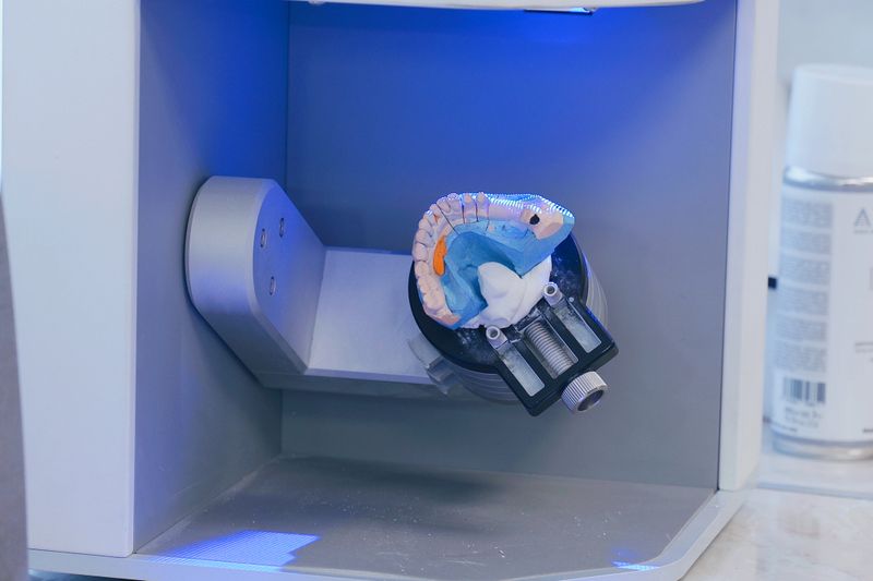In a modern dental lab, a 3D scanner captures the intricate details of dental models and dentures. This innovative process enhances accuracy for personalized dental care.