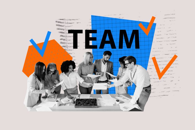 3D photo collage design trend sketch of human resources young lady man meeting collaboration businesspeople company office document deal.