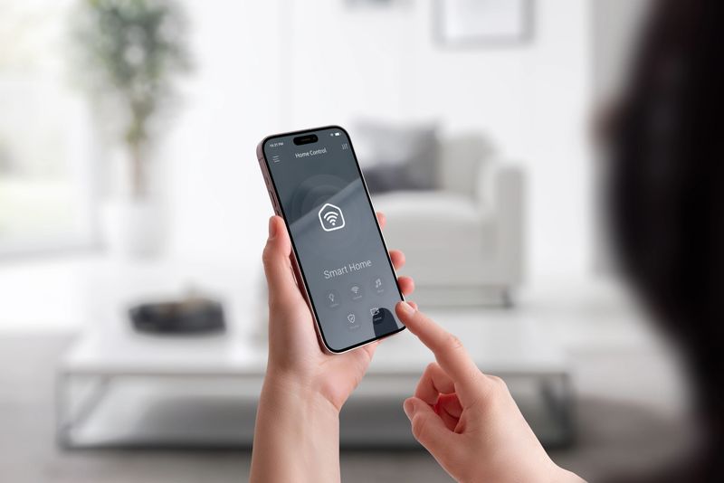 Woman interacting with smart home interface on mobile phone in modern interior environment