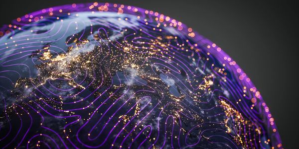 Glowing digital globe with purple contour lines and bright city lights.