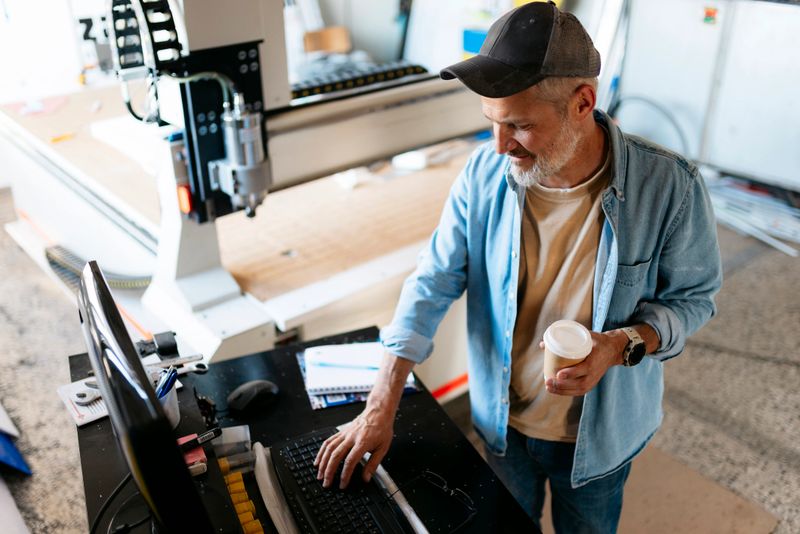 Carpenter using computer to program cnc machine while holding a coffee cup in his workshop