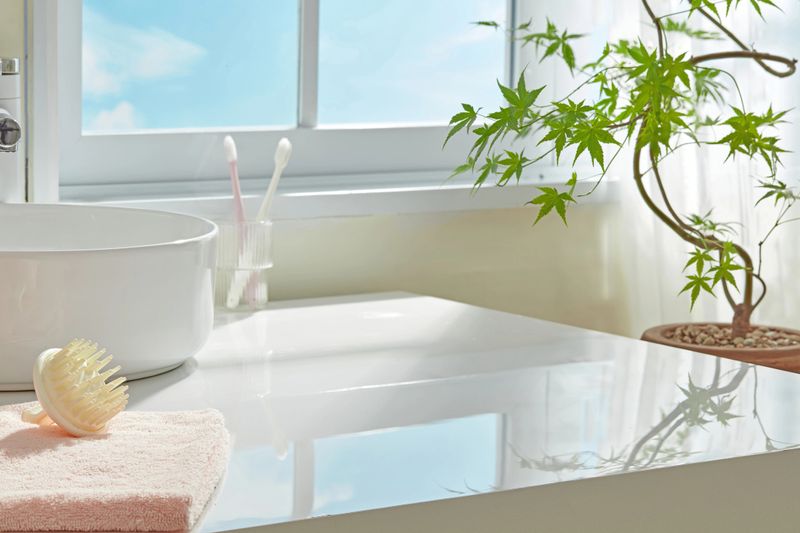 Serene bathroom scene with round sink, coral sponge, and reed diffuser near a sunlit window. Glossy surface and leafy decor reflect a peaceful, spa-like Japandi atmosphere.
