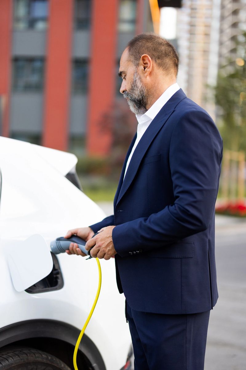 Mature businessman charging his electric car at a public charging station, promoting sustainable transportation