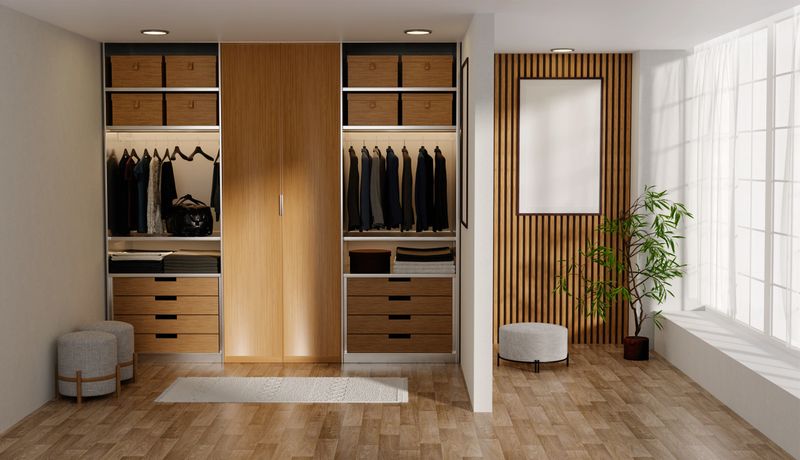 A contemporary wellness closet design that utilizes natural light and wood elements, providing a serene and organized space for clothing and accessories.
