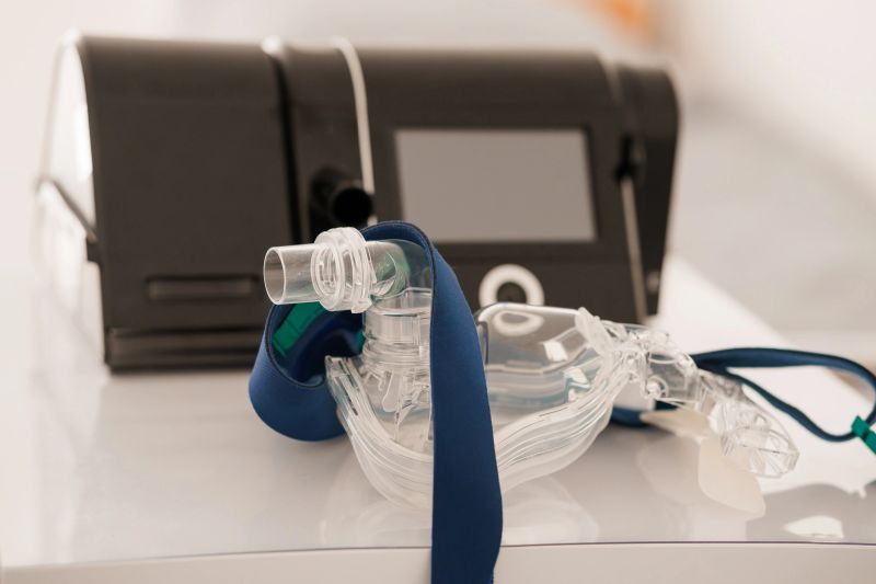 Close-up of a CPAP machine and nasal mask, essential tools for sleep apnea therapy, placed on a clean white surface. focuses on medical device usability