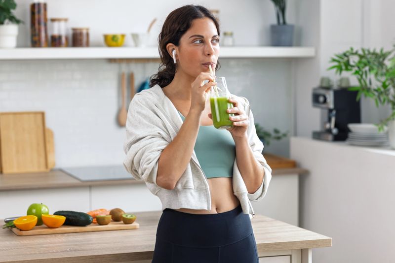 Shot of kind sporty woman drinking a healthy green smoothie standing in the kitchen at home.