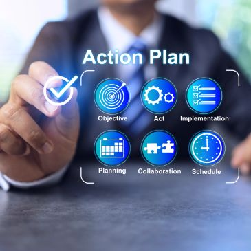 Businessman creating an action plan with digital icons.