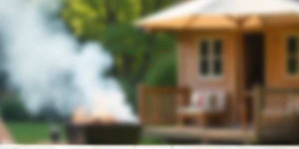 Blurry smoke rising near a wooden porch in a garden.