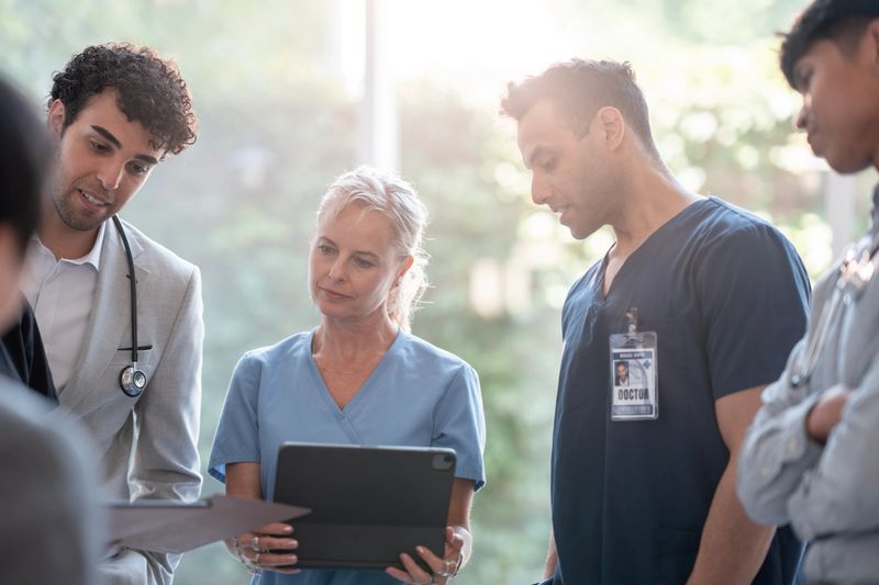 Healthcare professionals cooperating and analyzing patient information in a teamwork environment at a hospital. Natural light highlights their focus and dedication to providing efficient medical care.