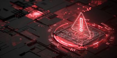 Red glowing warning symbol on a microchip.