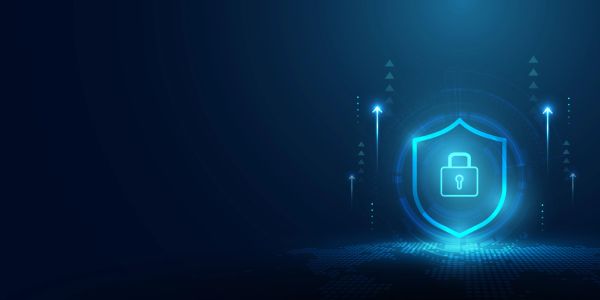 Digital shield with padlock symbol representing cybersecurity.