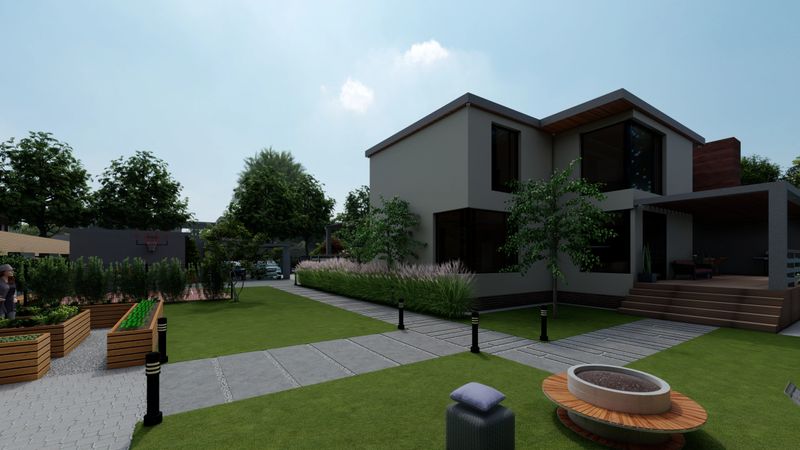 A stylish two-story modern house with clean lines and a minimalist design sits amidst a lush, well-maintained garden. The property features a uniquely shaped swimming pool with a floating stone walkway leading across it. The house facade combines white plaster, natural wood accents, and large floor-to-ceiling windows. Surrounded by vibrant landscaping and neighboring modern villas, this serene setting exemplifies upscale residential living under a clear blue sky.