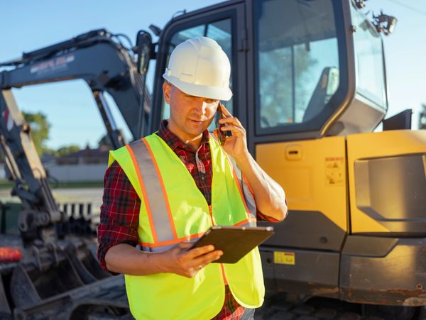 Construction worker with tablet and phone at site.