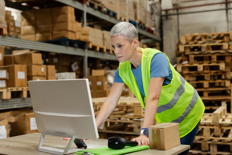 Female warehouse worker using computer to check shipping details of a package