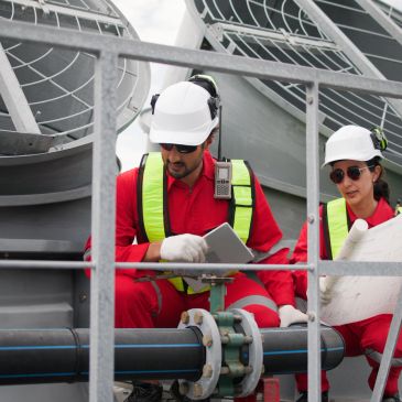Two engineers in safety gear inspecting industrial equipment outdoors.