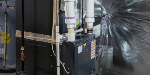 Modern furnace and duct system in a basement.