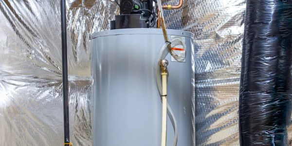 A modern water heater in a basement with insulation.