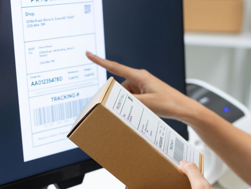 Asian woman looking at computer screen Inspecting Package Before Shipping to Customer, Managing E-commerce Orders,  logistics management, and online order fulfillment in office