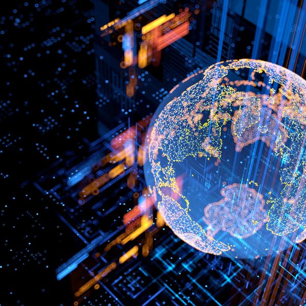 Digitale wereldbol met neon lijnen en verbindingspunten.