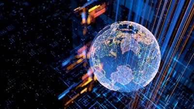 Digital globe with data streams in a futuristic setting.