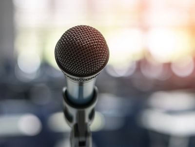 Close-up of a microphone with blurred background and sunlight.