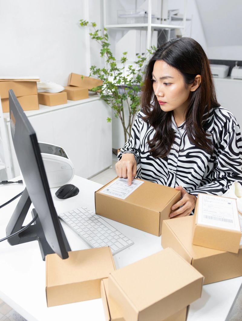 Asian woman looking at computer screen Inspecting Package Before Shipping to Customer, Managing E-commerce Orders,  logistics management, and online order fulfillment in office