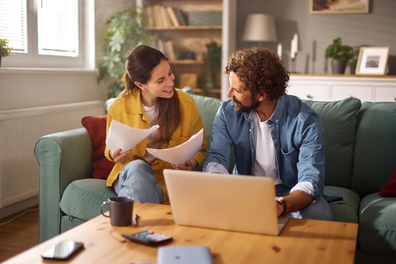 Young couple reviewing their life insurance policy and managing finances using a laptop at home