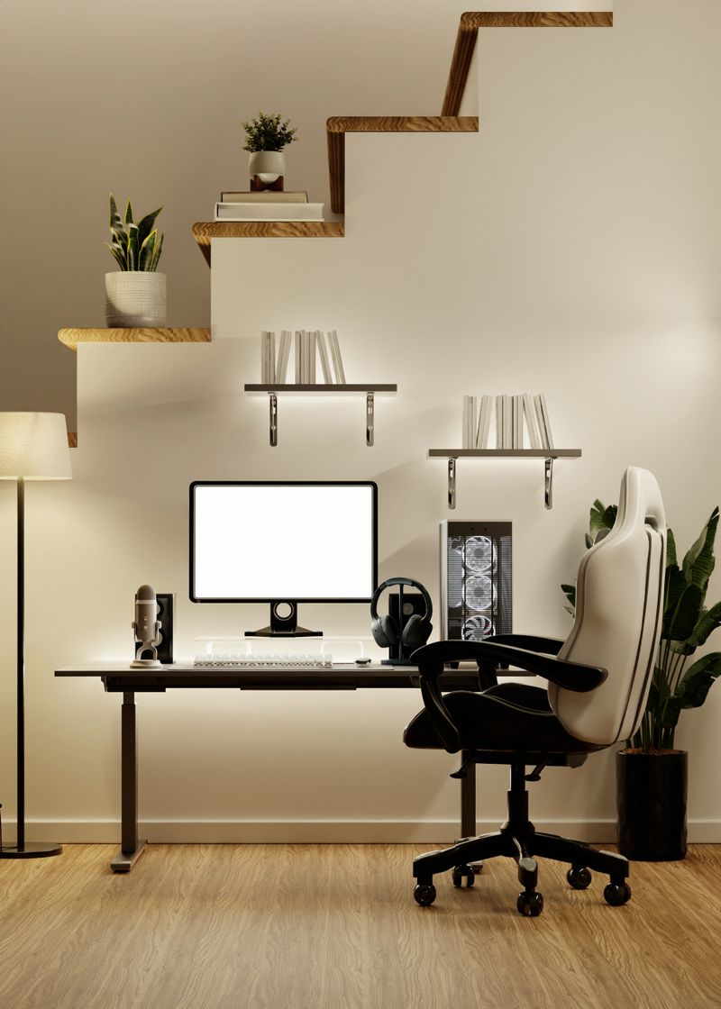A sleek streaming room with a modern desk setup, ergonomic chair, and stylish decor, perfect for content creation.