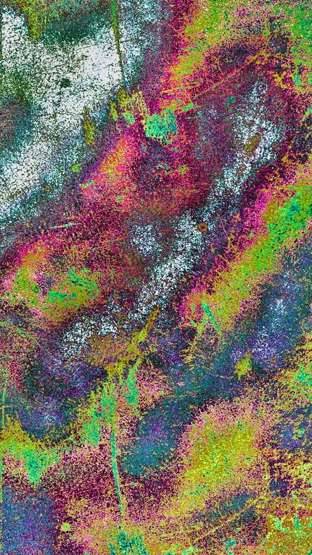 This image presents a mesmerizing abstract landscape, bursting with a vibrant interplay of colors. Swathes of electric pink, neon green, and turquoise blend with textured whites and dark blues, evoking the layered complexity of an alien terrain or a cosmic map. The pixelated textures and organic lines create a sense of depth and motion, inviting viewers to interpret familiar forms—perhaps rivers, forests, or clouds—through an imaginative lens. The chaotic yet harmonious composition stimulates curiosity, making it perfect for contemplation or as an eye-catching digital artwork