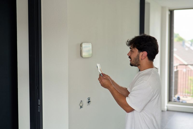 Technician installing a smart thermostat on a wall, working on home automation