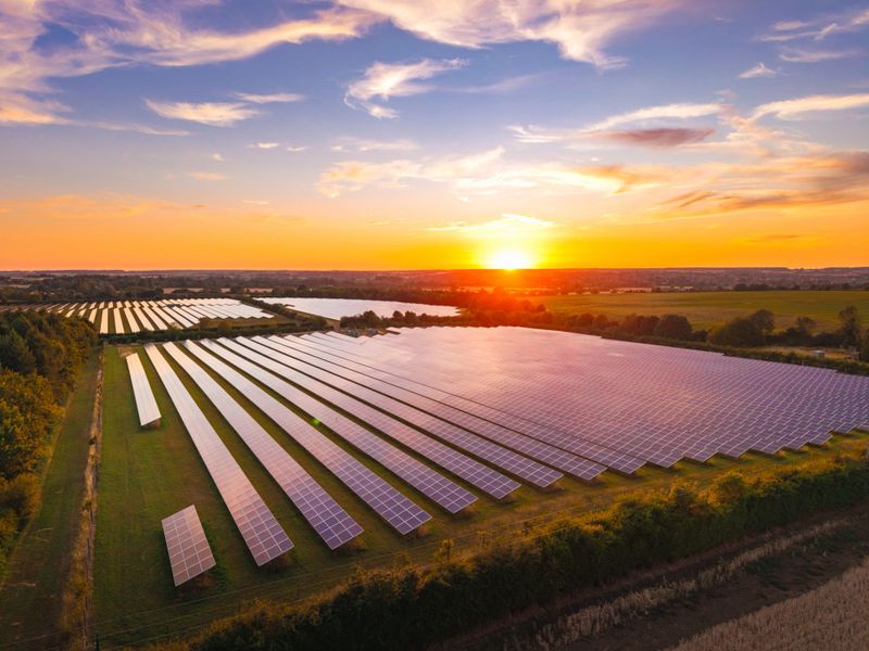Solar panels farm at sunset generating clean energy for a sustainable future