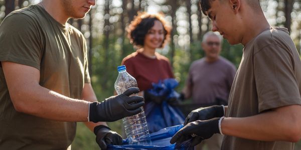 People picking up trash in a forest.