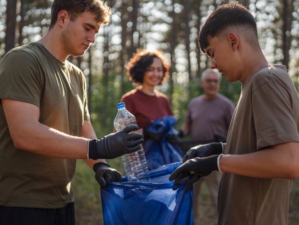 Young volunteers collect trash in a forest, promoting environmental care.
